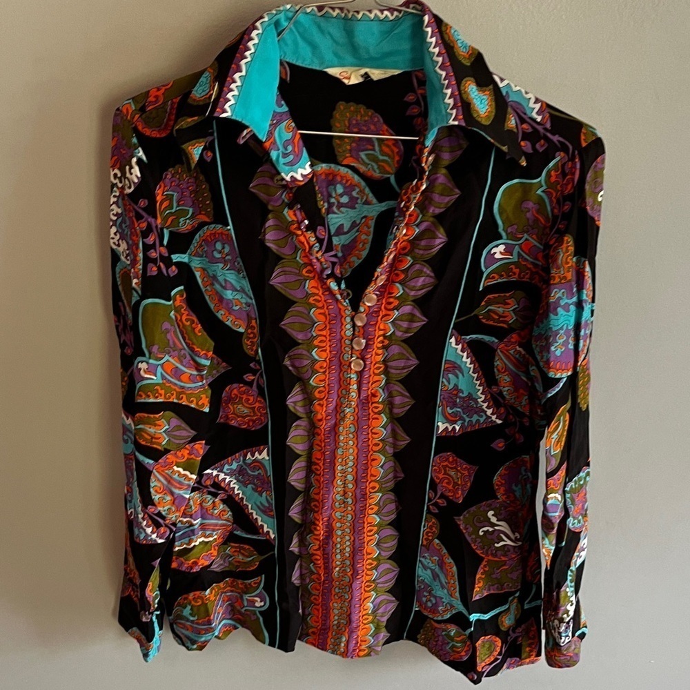 1970s Vintage Black Button-Down Shirt with Multicolor Paisley Print